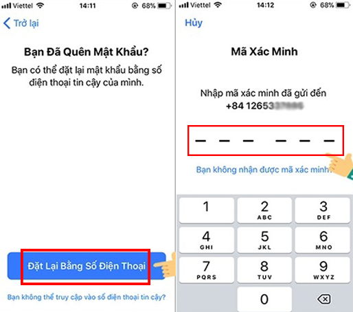 Chọn “Đặt lại bằng số điện thoại” để nhận mã xác minh